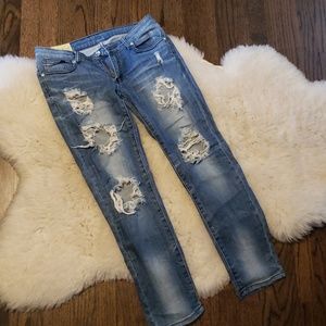 Machine Distressed Light Blue Denim Jeans